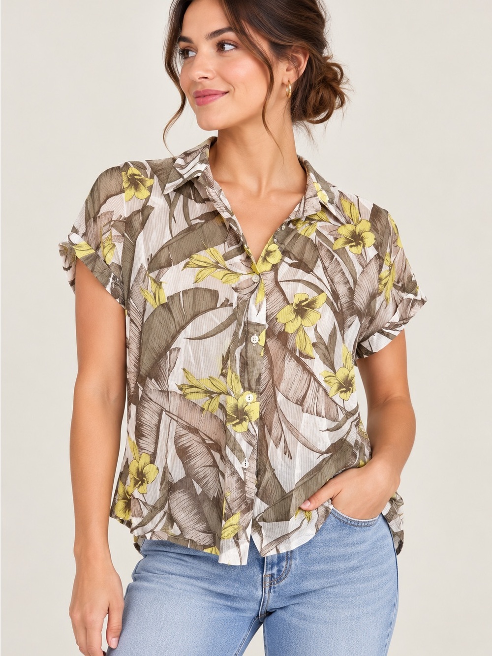 Banana Republic Petite Tropical Floral Short Sleeve Button Down Shirt XSP